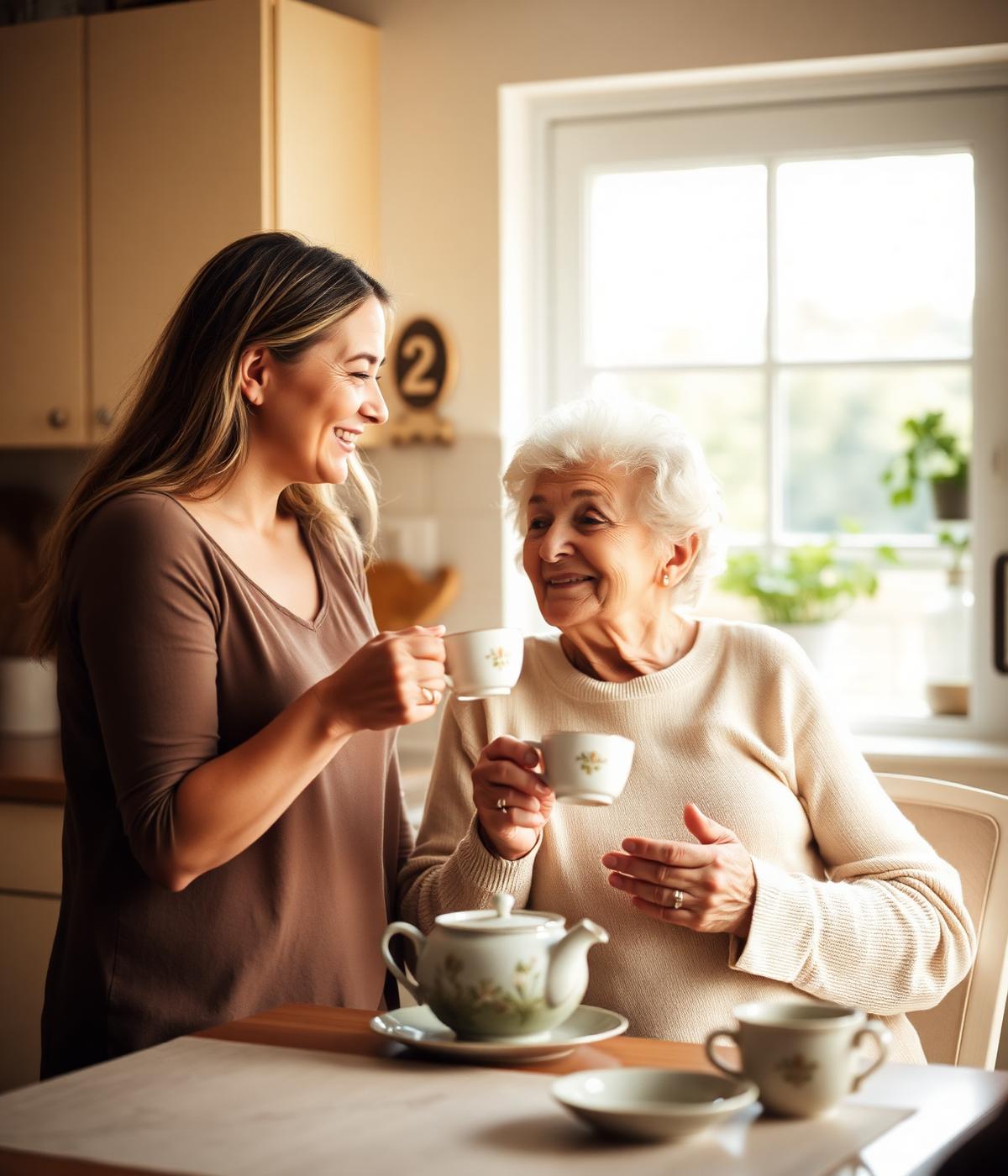 Adult daughter and elderly mother sharing tea